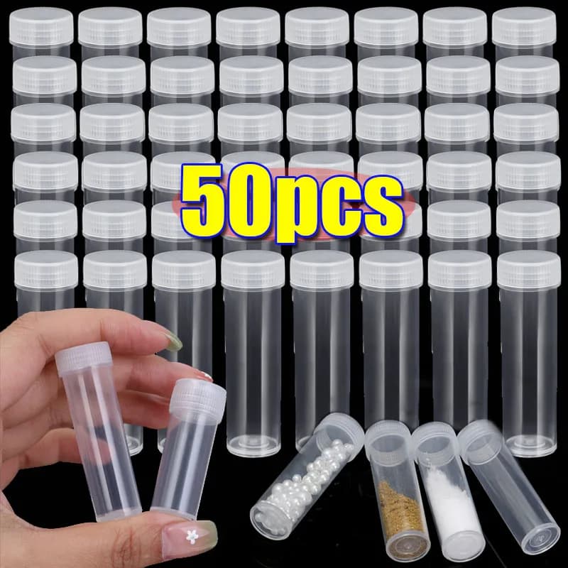 Barattoli per campioni da 5/7 ml Mini bottiglia di stoccaggio Fiale di plastica con coperchi Contenitori per provette per perline Bottiglie da viaggio per pillole in polvere glitterata