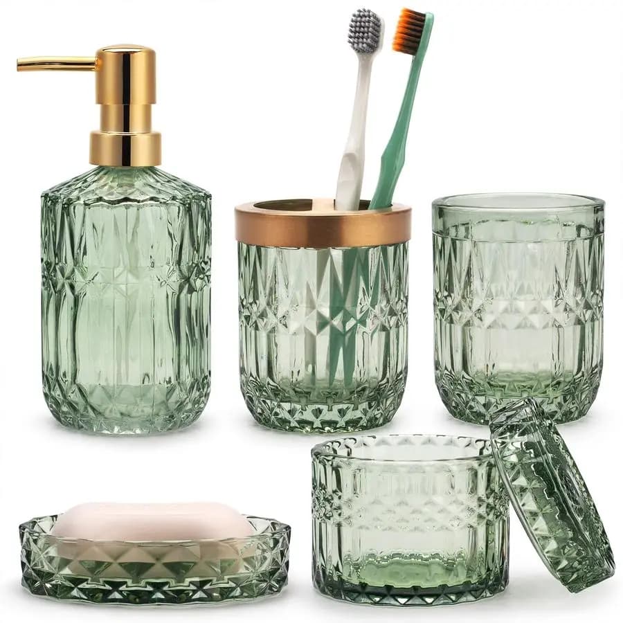 Set di Accessori da Bagno in Vetro Verde: Dispenser per Lozione, Portasapone, Portaspazzolini, Bicchiere, Contenitori per Bastoncini di Cotone, Stile Moderno