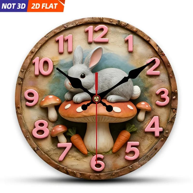 2D Piatto. 1 pezzo. Orologio da parete a tema coniglio, funghi e carote, orologio decorativo silenzioso, orologio da parete creativo, adatto per decorare la casa