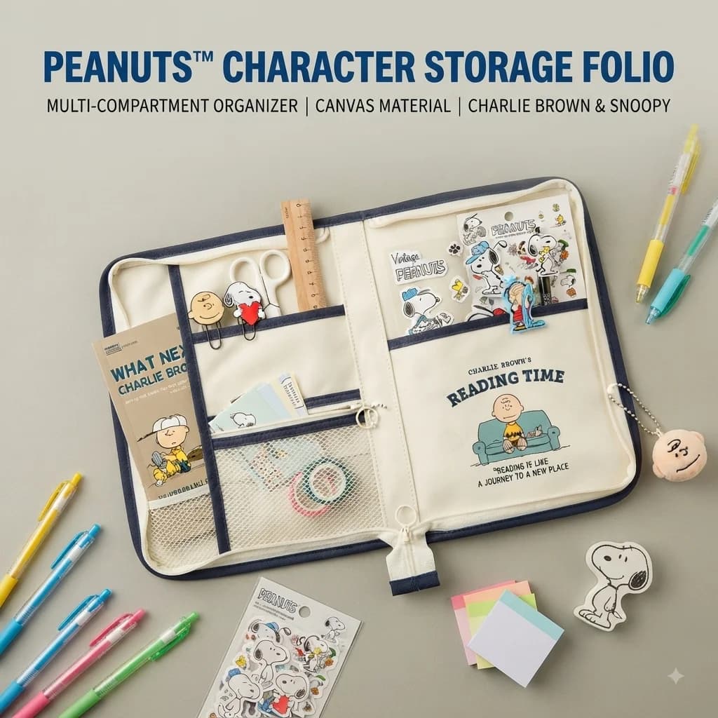 Snoopy Book Shape Canvas Storage Bag Multi Pocket Stationery Organizer Cartoon Print Portable Tablet Pouch Document Folder