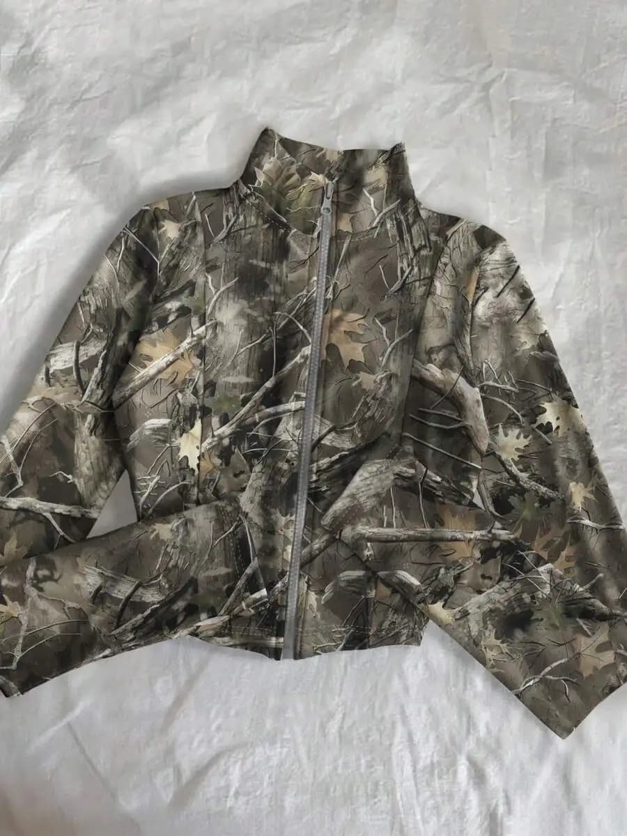Camouflage Print Zip-Up Fleece Jacket Casual Outdoor Sport Coat For Women