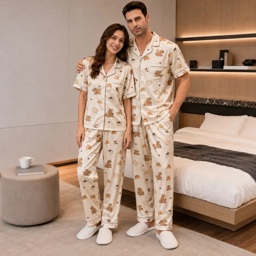 Cute Capybara Cartoon Satin Pajama Set Turn‑down Collar Sleepwear Coffee Bread Animal Print Men Women Loungewear Homewear Suit