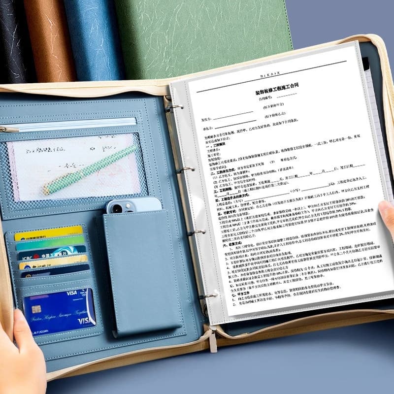 Cartella portadocumenti con cerniera A4 Borsa portadocumenti multifunzionale in pelle PU con blocco note e borse per pellicole interne Cartella a fogli mobili per ufficio aziendale
