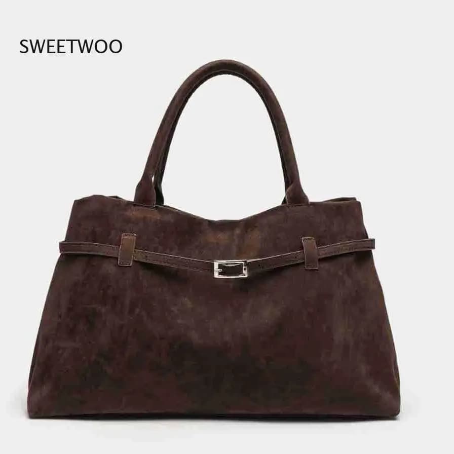Women Retro Suede Tote Bag Large Capacity with Belt Buckle Casual Top Handle Purse for Daily Work Travel