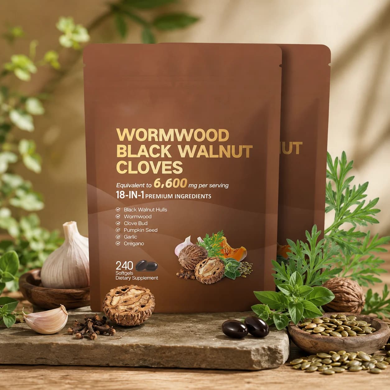 Integratore di Assenzio, Noce Nera e Chiodi di Garofano, 240 Softgel, Miscela Erboristica 18-in-1 per il Benessere Digestivo e il Supporto Immunitario, Vegano, Non-OGM
