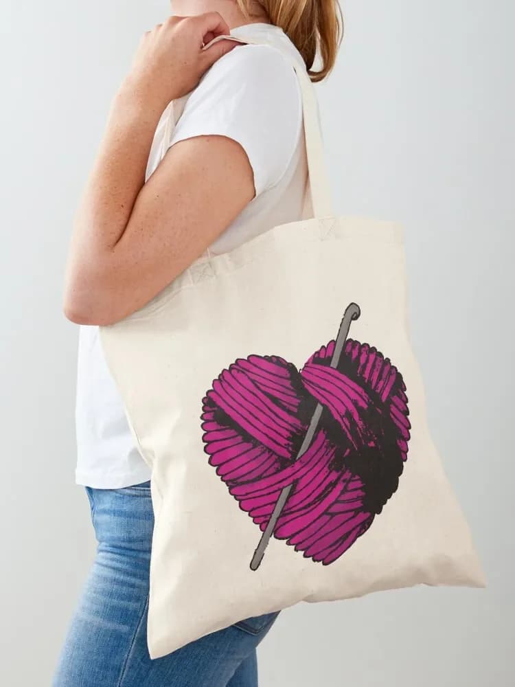 Cute Pink Heart Ball of Yarn and Crochet Hook Hooked Tote Bag personalized tote Cloth bags Large bags for women