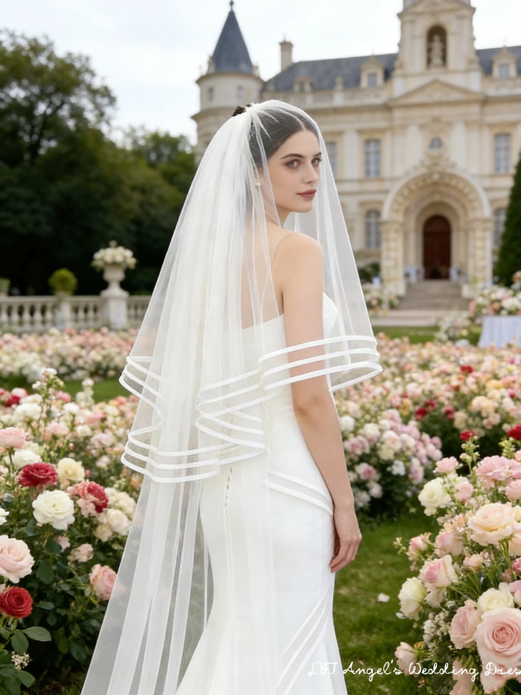 Ribbon Edge Long Bridal Veil Elegant Tulle Wedding Veil for Bride Luxury Wedding Accessory for Wedding Ceremony Photoshoot