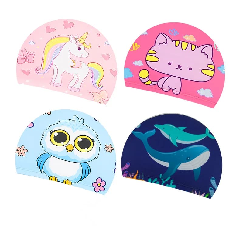 Cuffie da nuoto per bambini, 4 pezzi/set, in poliestere e nylon con stampa a cartoni animati, ad asciugatura rapida, elastici, per ragazzi e ragazze