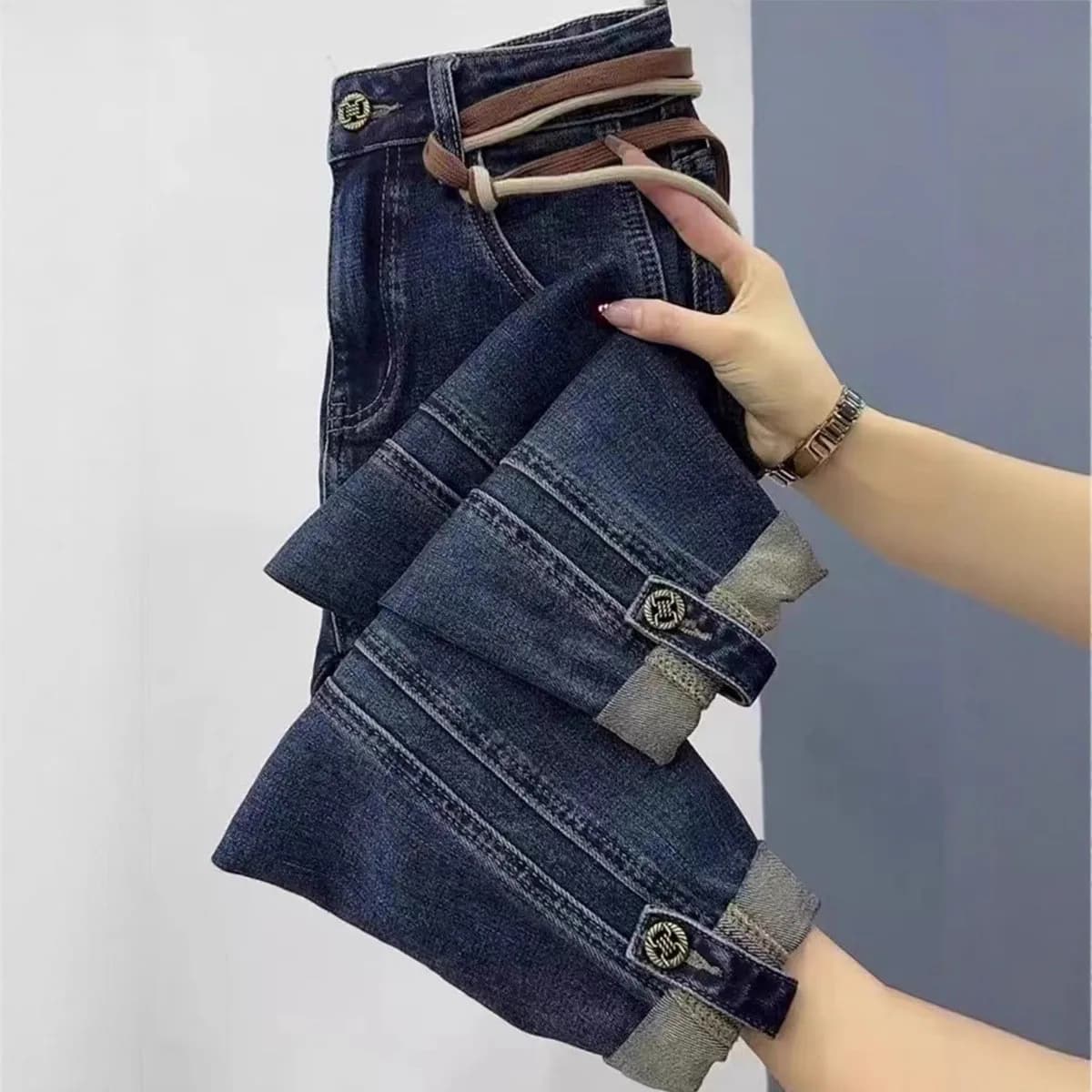 Elastic Harem Jeans Women's High Waist Slimming Versatile Straight Leg Cotton Denim Casual Style Spring Autumn Collection