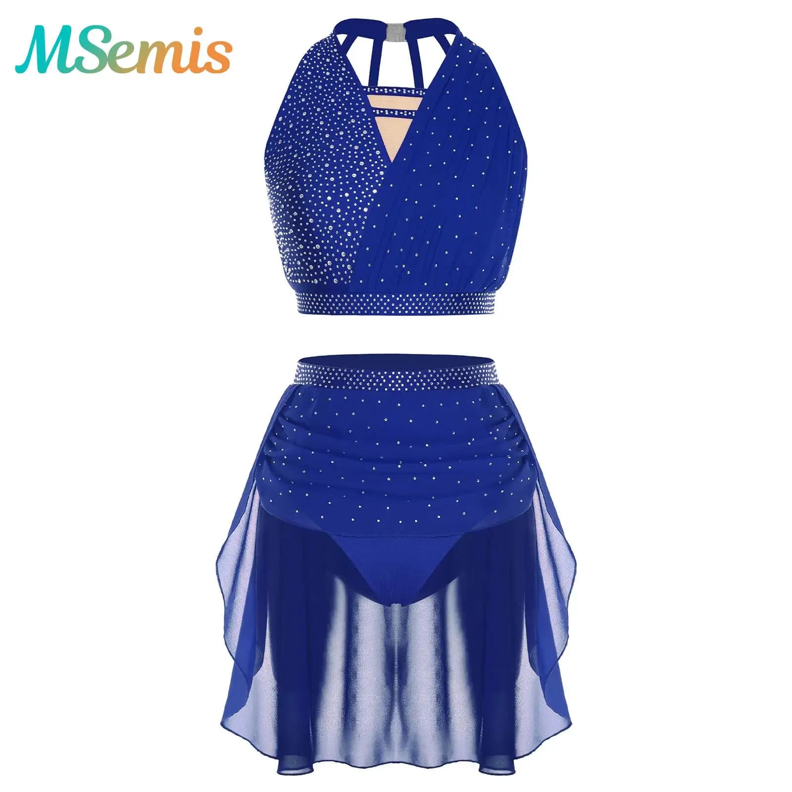 Ginnastica da donna con strass lucidi, pattinaggio artistico di figura, balletto lirico contemporaneo, danza, costume da ballo, top corto e gonna