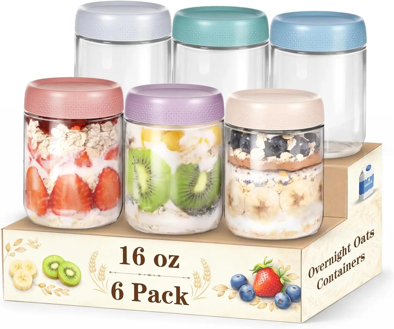Set di 6 Barattoli in Vetro da 16oz per Overnight Oats con Coperchi Ermetici, Contenitori Senza BPA per Yogurt, Chia Pudding, Snack