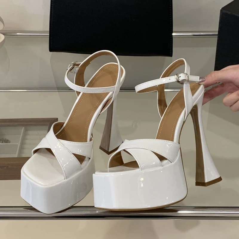 Sandali Estivi Aneikeh in Pelle Laccata con Punta Quadrata, Tacchi Alti Spessi alla Moda, Scarpe da Festa con Cinturino a Fibbia
