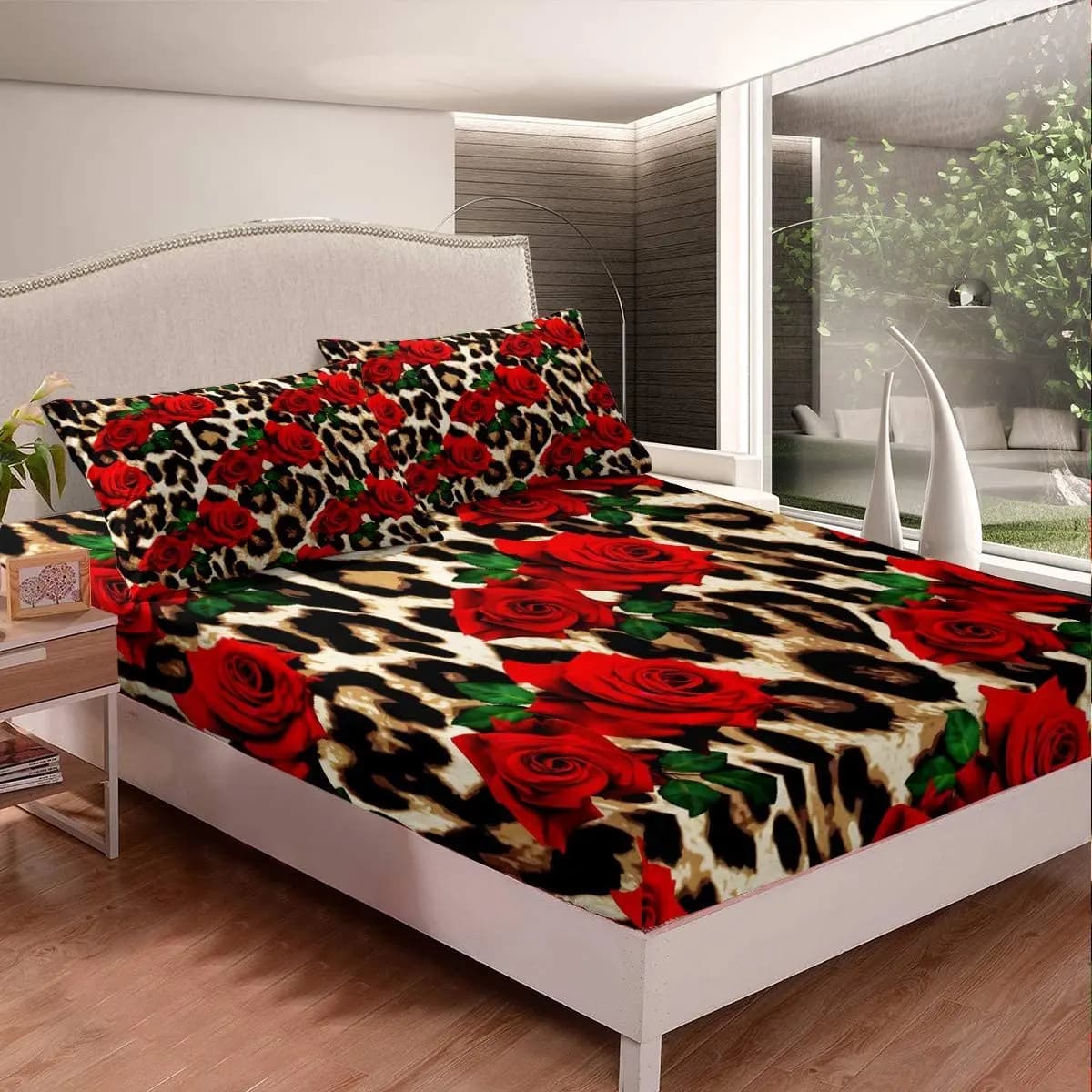 Bed linen with double sized pink flowers for children Bed linen set for women's room decoration of children green print branches