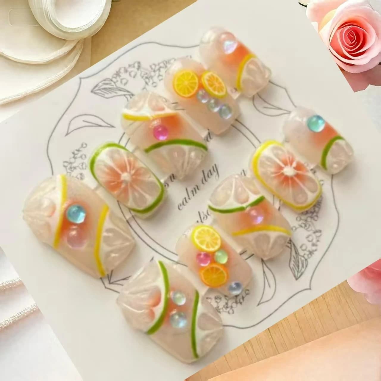 10 pieces of luxury handmade print on nails dance medium fard lemon design fake nails with adhesive tabs for nail glue in 4 PEZZI