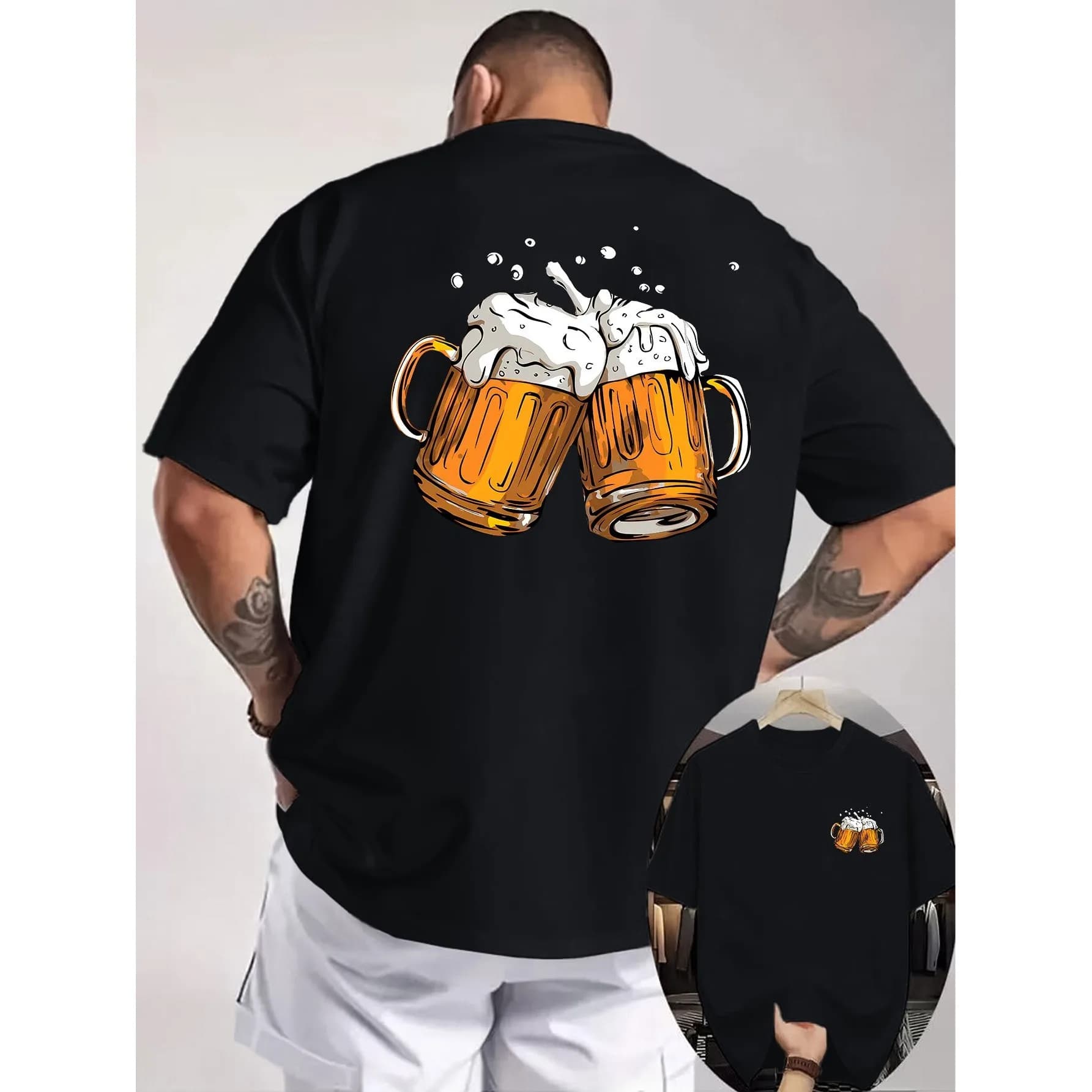 T-shirt da uomo in cotone con grafica Beer Cheers Mugs, casual, girocollo, a maniche corte, per feste