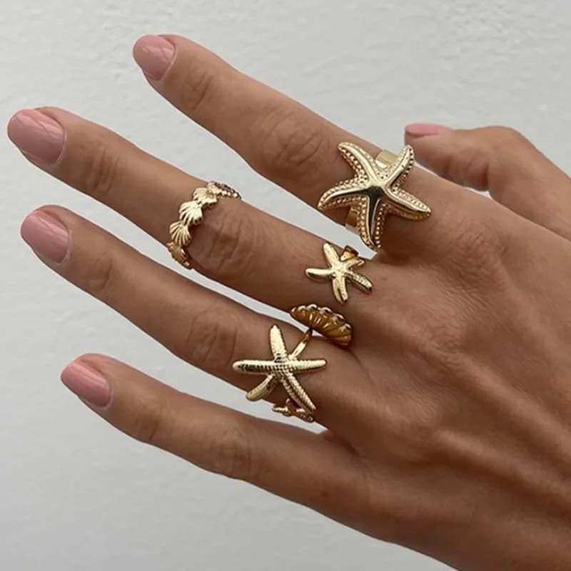 4 pieces/set open rings with sea star shell for women uneven adjustable rings of luxury gold color jewelry gifts sets for parties