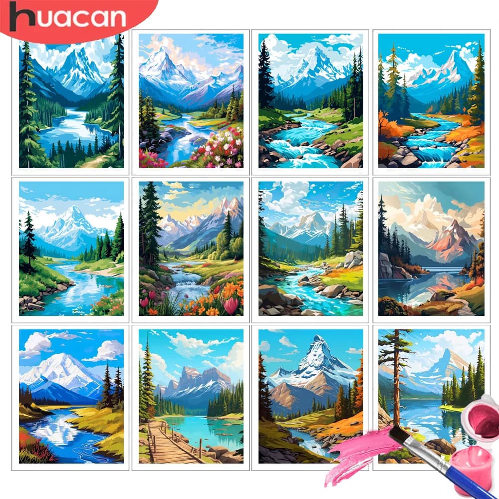 HUACAN Oil Painting By Numbers Set Mountain Landscape Lake Nature Colorful Paint On Canvas Art Kits Craft Kits Wall Decor