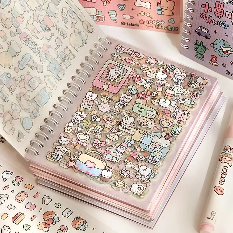 2 libri di adesivi decorativi con simpatici cartoni animati, piccoli adesivi per scrapbook, quaderni, custodie per telefoni, tazze, album, diari