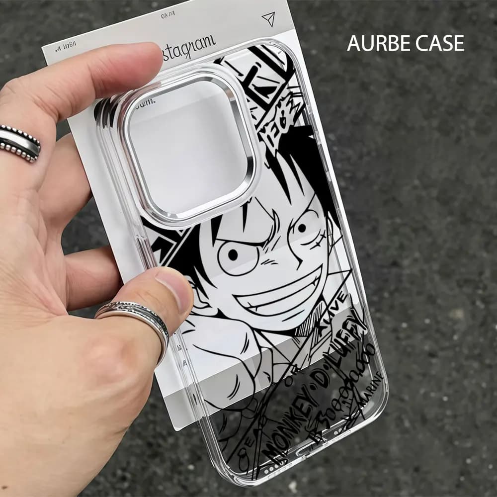 Cover Aurbe per iPhone 17 16 15 14 13 12 11 Pro Max 16E con cornice lente argentata e scocca trasparente, design Anime One Piece Rufy