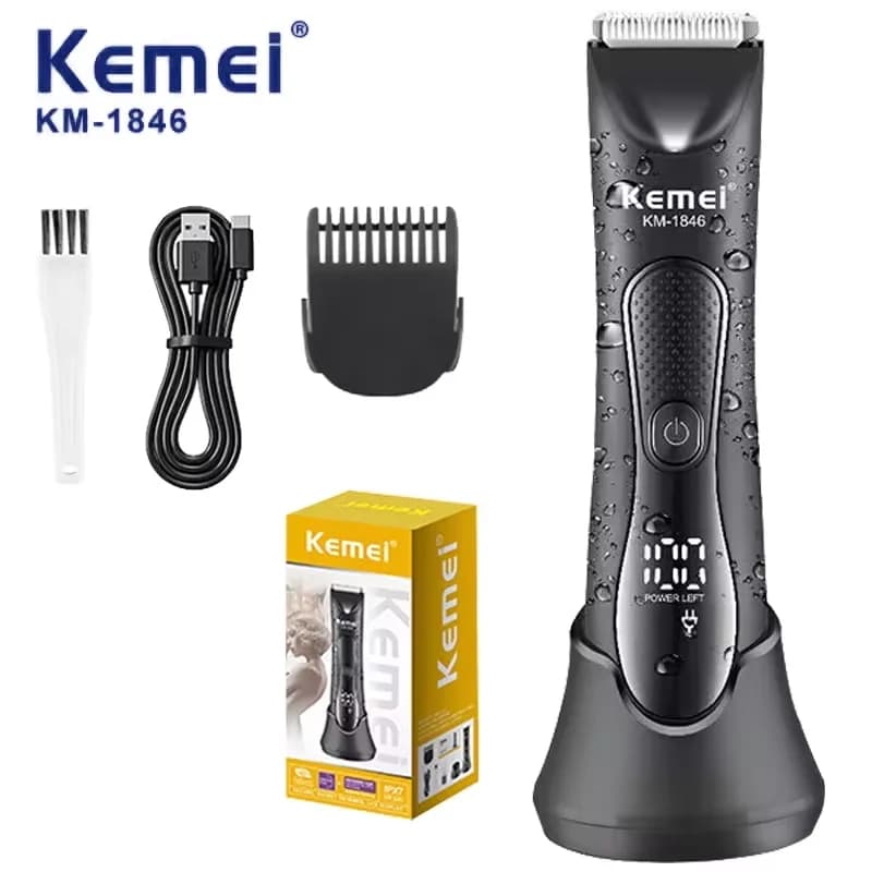 Kemei KM-1846 Regolabarba Impermeabile IPX7, Depilatore Elettrico per Zone Intime, Rasoio Elettrico con Display LED, Rasoio per Zona Bikini