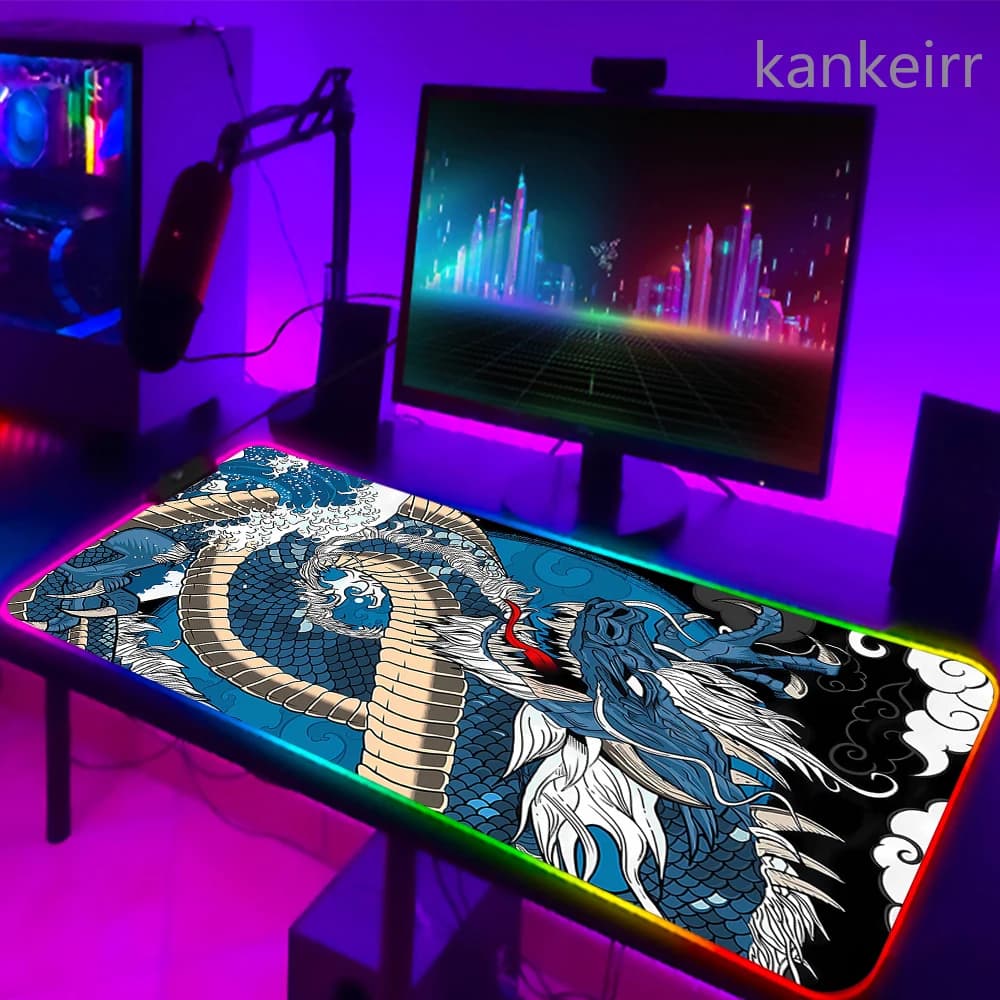 Tappetino per mouse da gioco RGB Tappetino da scrivania drago giapponese HD Nero Accessori per giocatori Tappetino per mouse LED grande XXL Tappeto per computer per PC con retroilluminazione