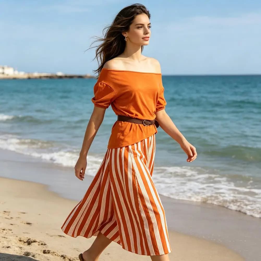 Aesthetic Women Summer 2 Piece Skirt Set Old Money Off Shoulder Top Striped Flowy Maxi Skirt Casual Beach Outfits With Belt