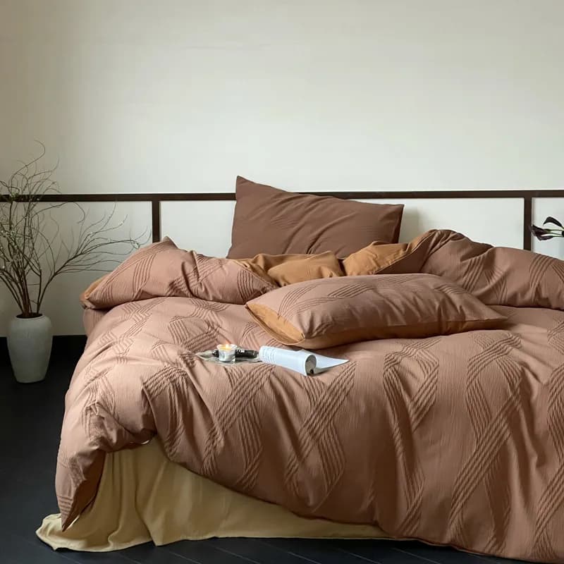 AI WINSURE-Set of Jacquard Cotton Bedlinen Solid Color, Queen King Size, Set of simple double bed linen in 4 pieces, sheets and pillowcase
