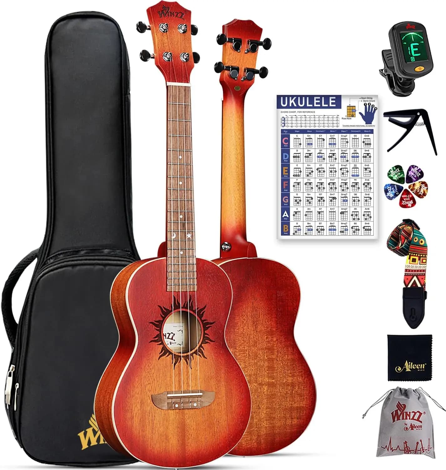 26 Inch Mahogany Tenor Ukulele Starter Kit for Adults - Beginner Set Includes Chord Chart and Capo, Unique Design Gift Idea