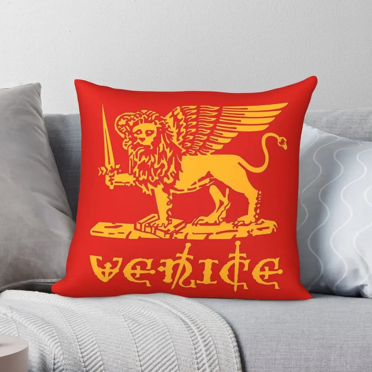 Federa per cuscino quadrata con logo del leone di San Marco, in poliestere, lino, velluto, stampata, con cerniera, per divano, copricuscino per seduta