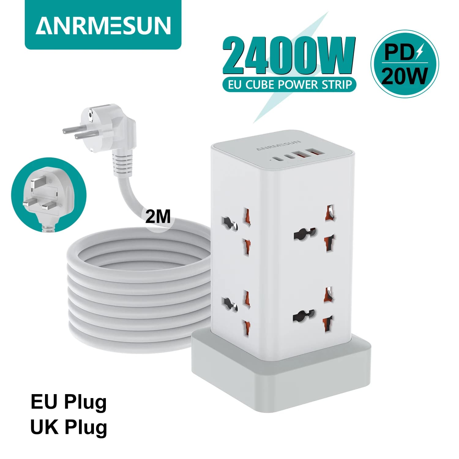 Multi-barrel with multiple sockets with PD 20W extension cable type C 2M EU Plug UK US Electric socket Overvoltage protection for travel