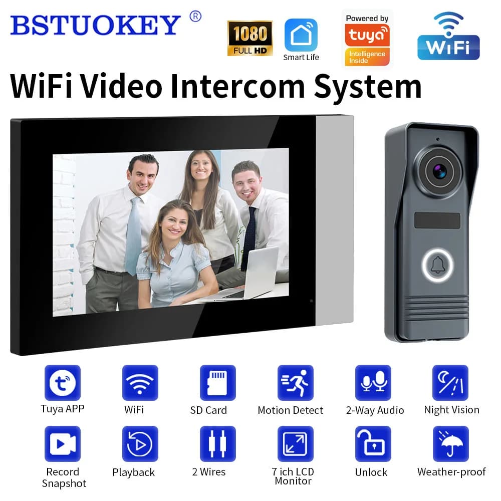 Videocitofono Smart Home Tuya WiFi 1080P a 2 Fili con Monitor Touch da 7'' e Telecamera di Sicurezza