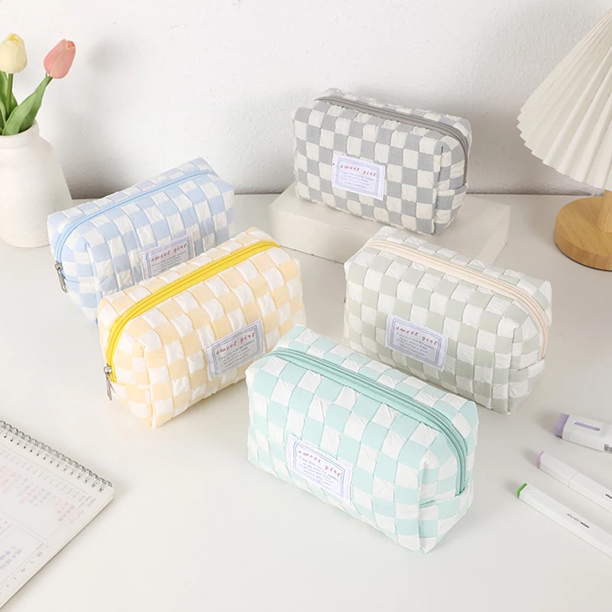 Simple Two-Tone Plaid Pencil Case Large Capacity Zipper Stationery Bag Desktop Storage Stationery Box Student School Supplies