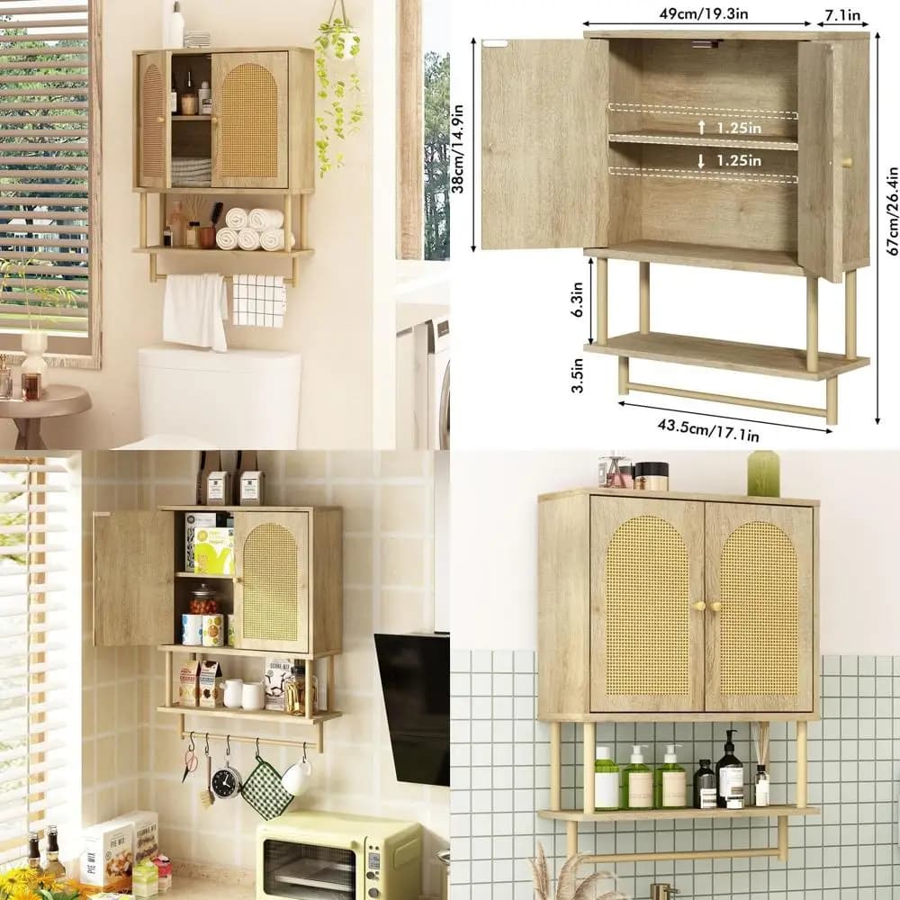 Pensile da bagno di medie dimensioni in rattan naturale con due ante, ripiano regolabile e portasciugamani