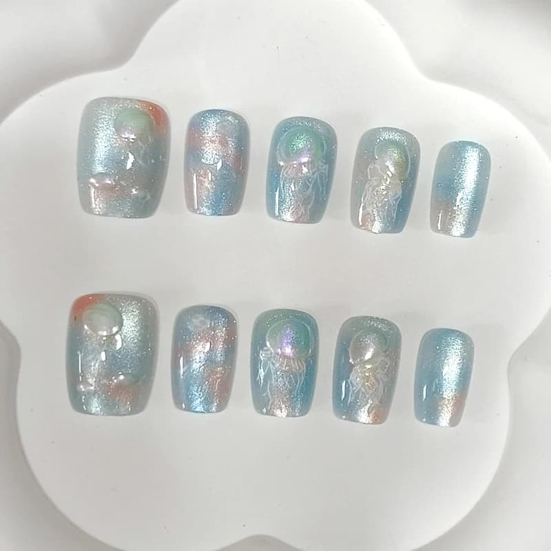 10 Pezzi Unghie Finte Colorate Effetto Medusa Smaltate, Unghie Finte Scintillanti Effetto Occhio di Gatto, Unghie Finte Adesive Rimovibili per Ragazze