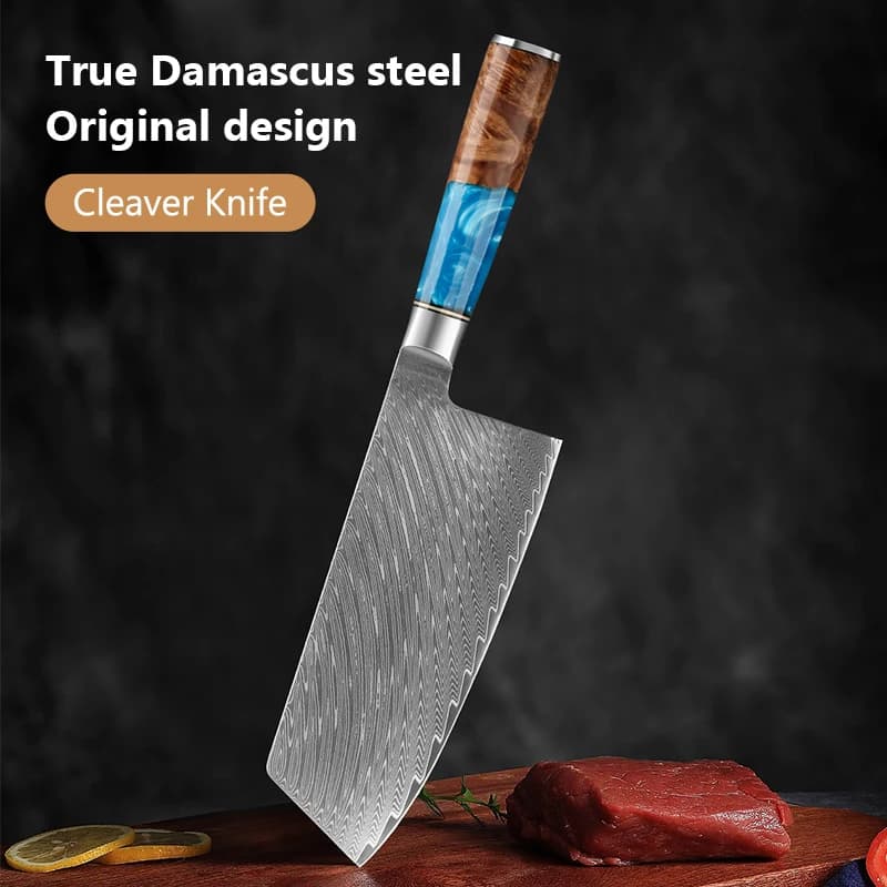 Coltello da cucina per mannaia da 7,5 pollici Coltello da chef giapponese in acciaio damasco a 67 strati Coltello da cucina per mannaia per carne con manico in legno in resina blu