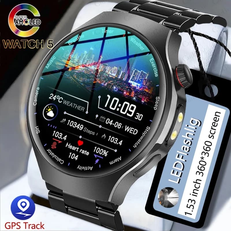 2026 Nuovo Orologio 5 Astuto Della Vigilanza Degli Uomini LED Torcia Elettrica GPS Orologio Sportivo 390*390 HD AMOLED Frequenza Cardiaca Chiamata Bluetooth Smartwatch