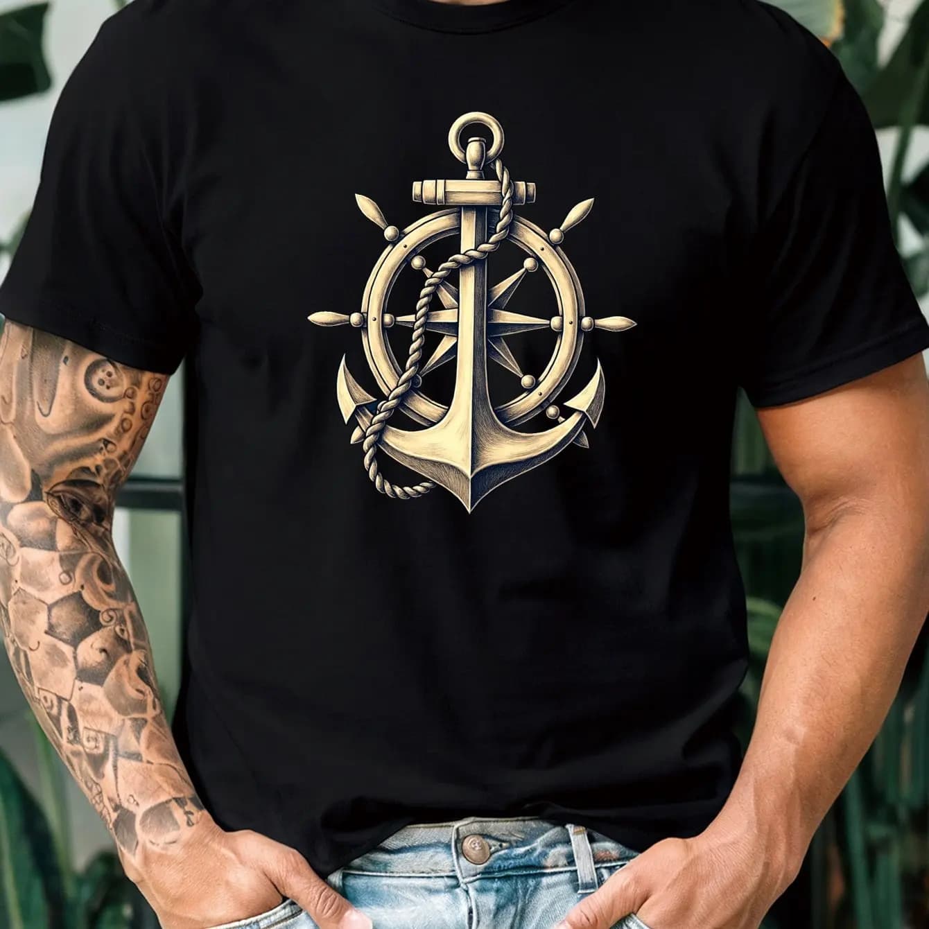 T-shirt Estiva da Uomo con Stampa Ancora Nautica, Girocollo, Casual, 100% Cotone Puro, Morbida e Traspirante, Maglietta Sportiva a Maniche Corte
