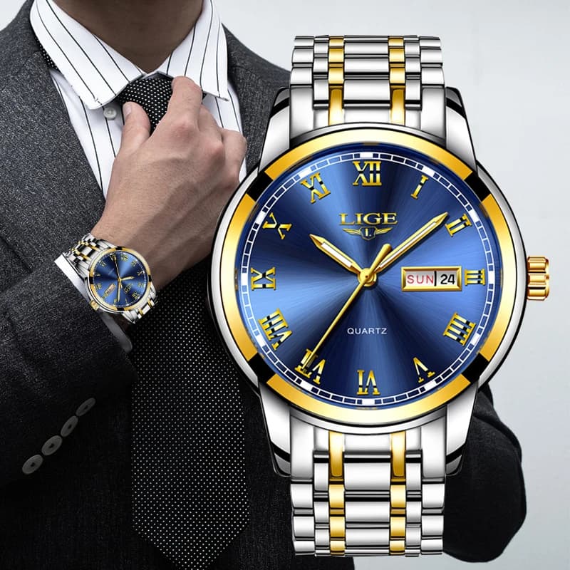 LIGE Brand Watch For Men Luxury men's watch with stainless steel business date men's quartz wristwatch with waterproof weekly luminous date