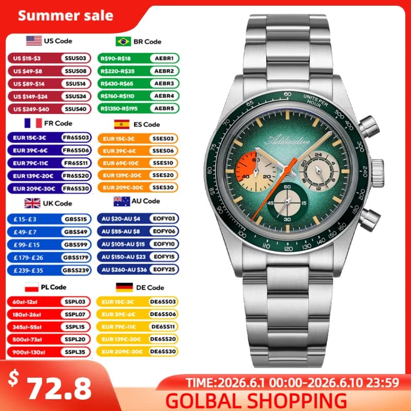 ADDIESDIVE Quartz watches New men's chronograph wristwatch 37mm 0S20 with bubble glass, waterproof up to 100 m, super bright sports watch C3