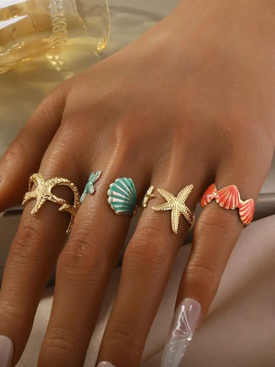 Set di anelli aperti a tema oceano con stelle marine e conchiglie per donna, accessori estivi da spiaggia