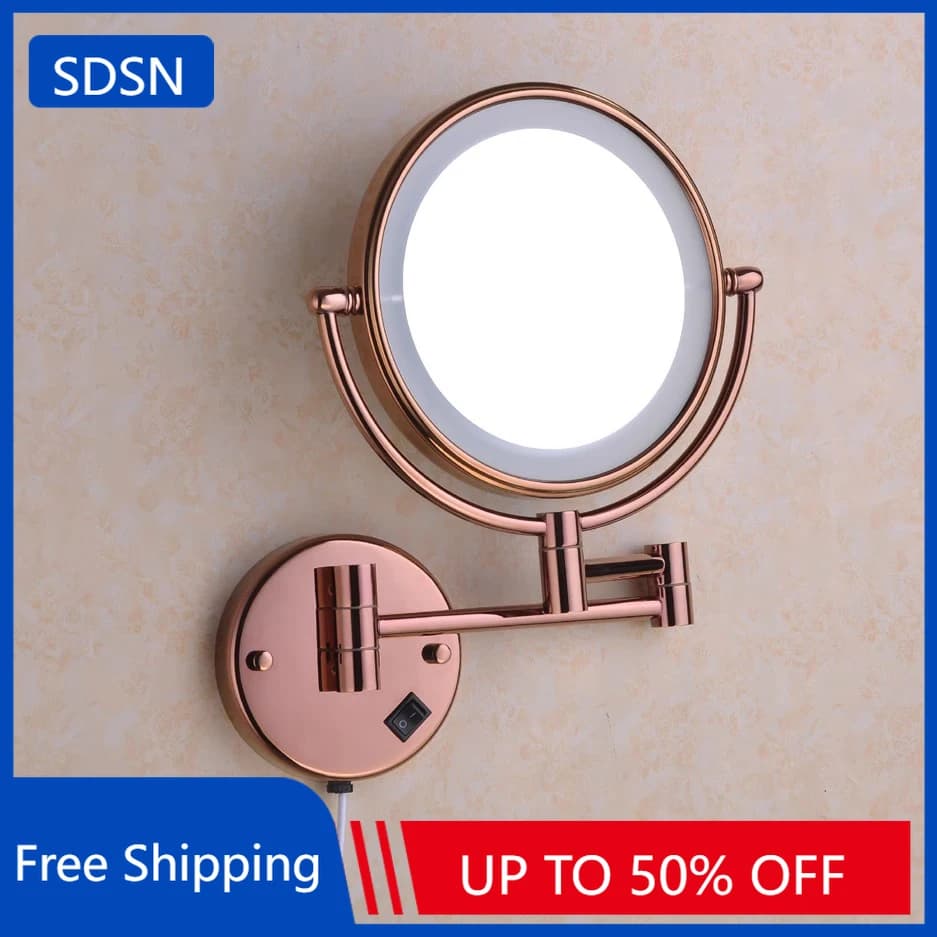 Specchio da Bagno Pieghevole a LED Oro Rosa, Montaggio a Parete, Illuminato, per Casa e Hotel, Specchio per Trucco con Ingrandimento 5X, Specchi da Bagno con Presa Elettrica