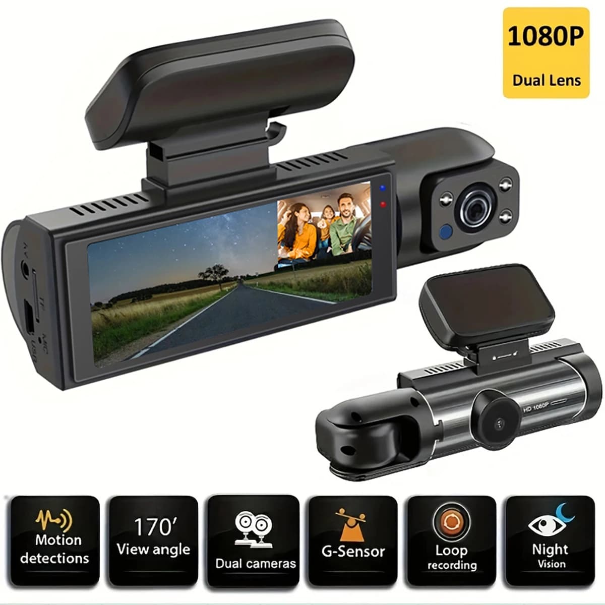 Dual lens car camera DVR 1080P Front view Dashcam Vehicle recorder Night vision Loop registration Black box