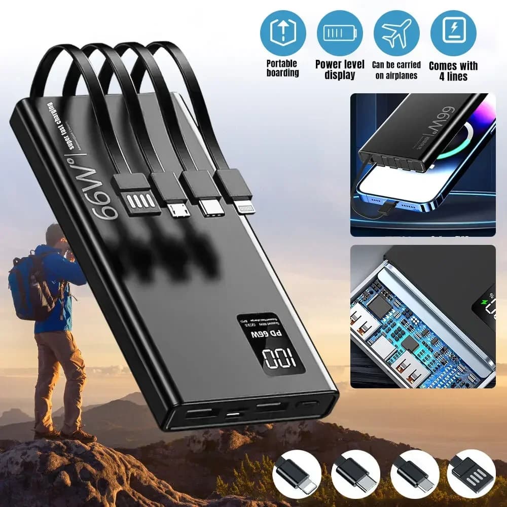 100000 mAh Power Bank for Xiaomi iPhone Samsung 66 W super fast charging for 22.5 W 4 built-in portable digital Powerbank cables