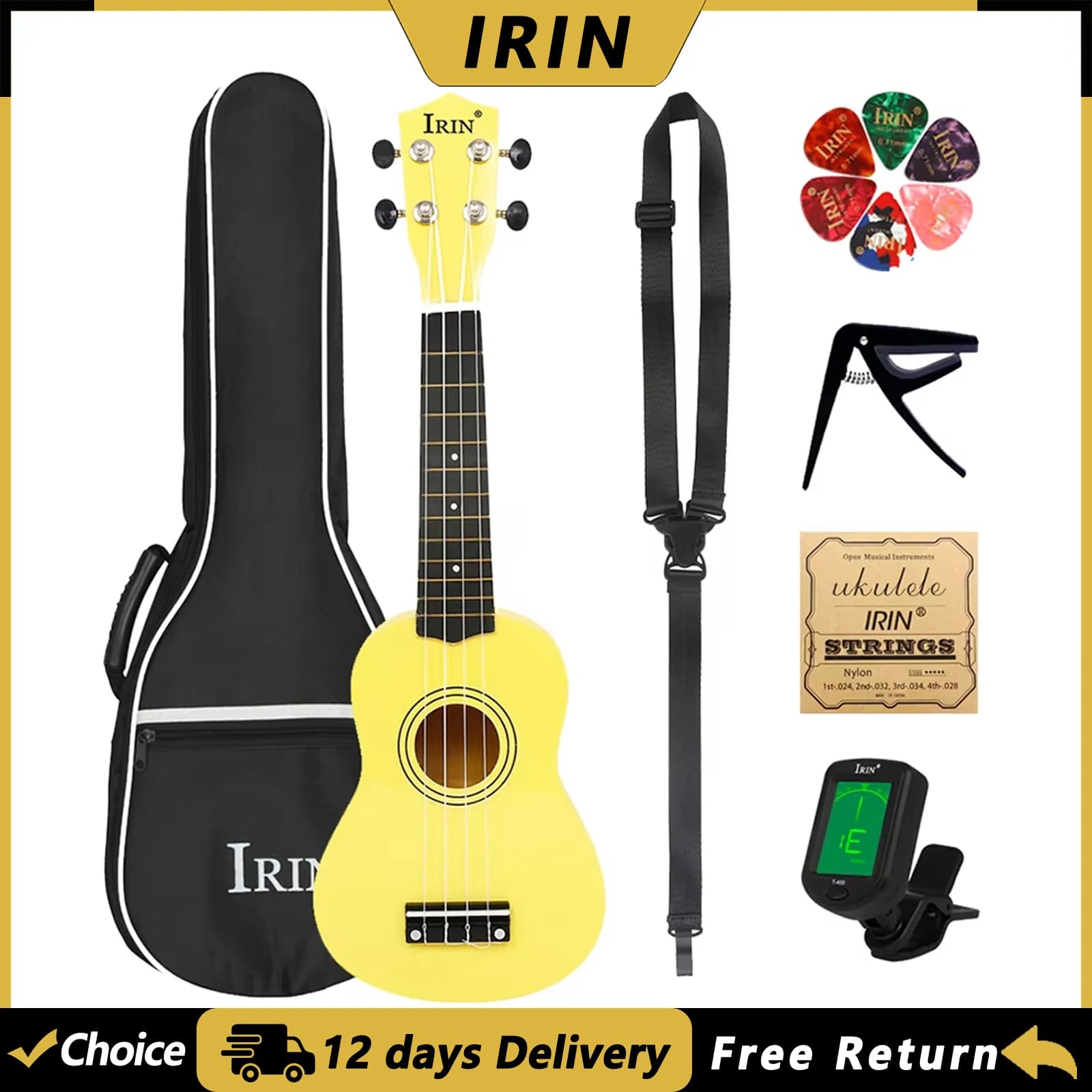 IRIN 21 Inch 4 Strings Ukulele Guitar Hawaiian Guitar Basswood Panel Ukulele with Bag Picks Tuner Guitar Parts & Accessories