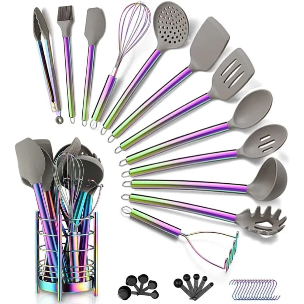 Set di 38 Utensili da Cucina in Silicone Antiaderenti con Supporto, Manici in Acciaio Inox, Lavabili in Lavastoviglie, Arcobaleno