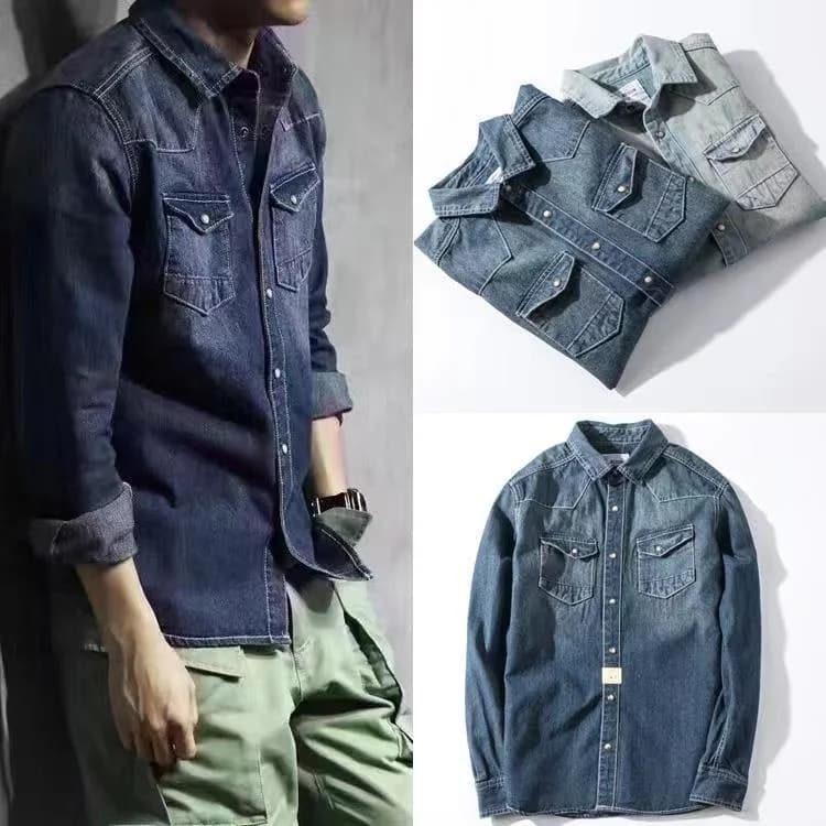 Retro American Washed Denim Shirt Men's Loose Casual Long Sleeve Workwear Shirt Jacket Cotton Pure Color Wear Resistant