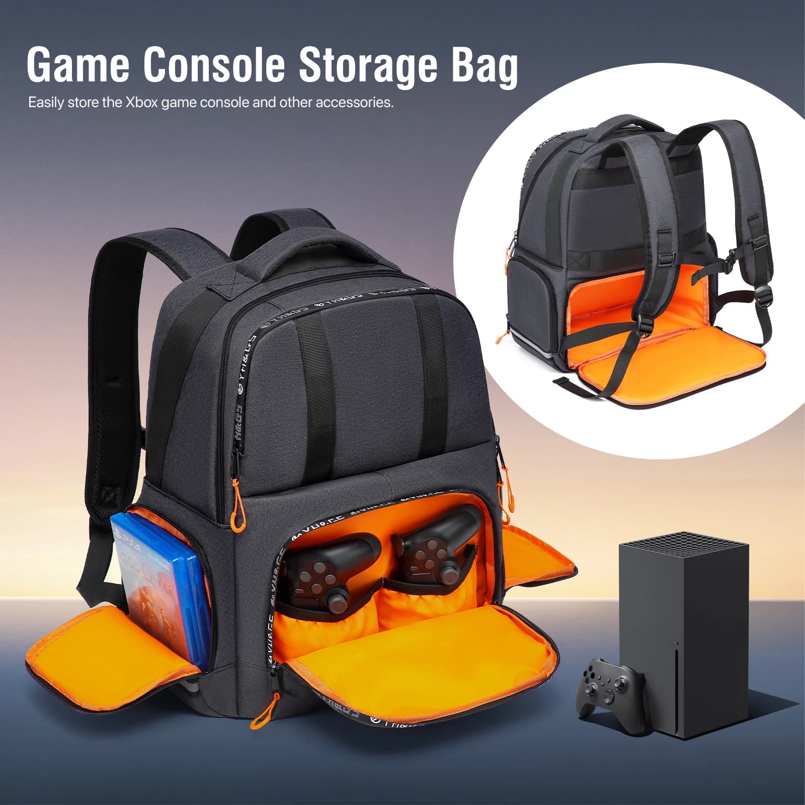 Xbox Series X/S console bag compatible backpack with console headphone pockets with separate storage space for gaming accessories