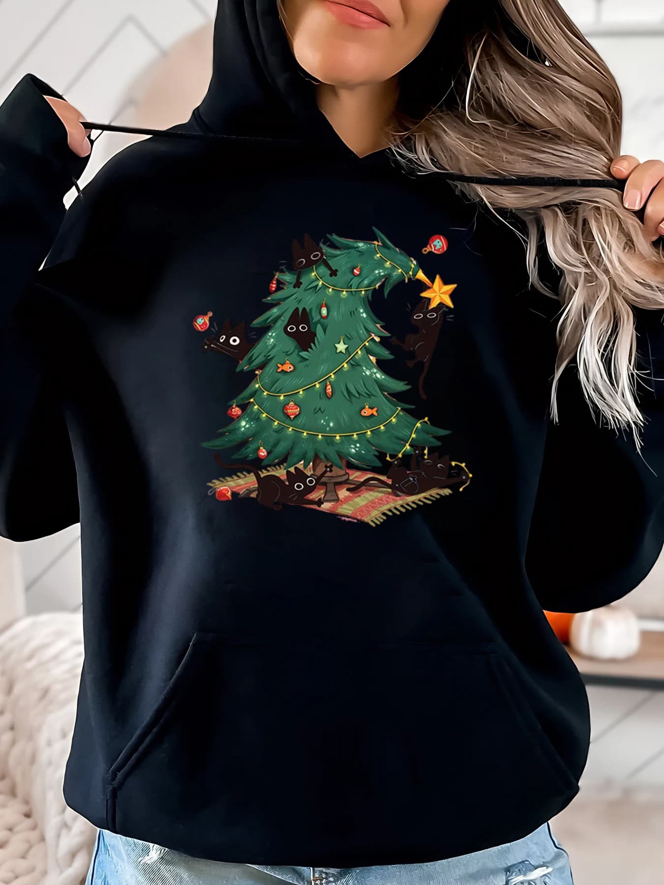 Christmas Hoodie with Sledge Printing for Christmas Tree Casual Winter Dress for Women Black Plus Sizes