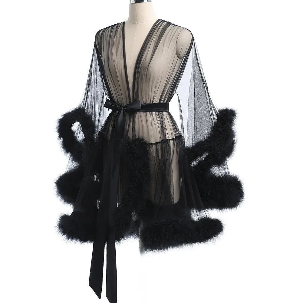 Transparent Mesh Robe, Bathrobe, Nightgown See-through Loungewear With Fluffy Patchwork Sleeves Mid-length Coat Plus Size F929