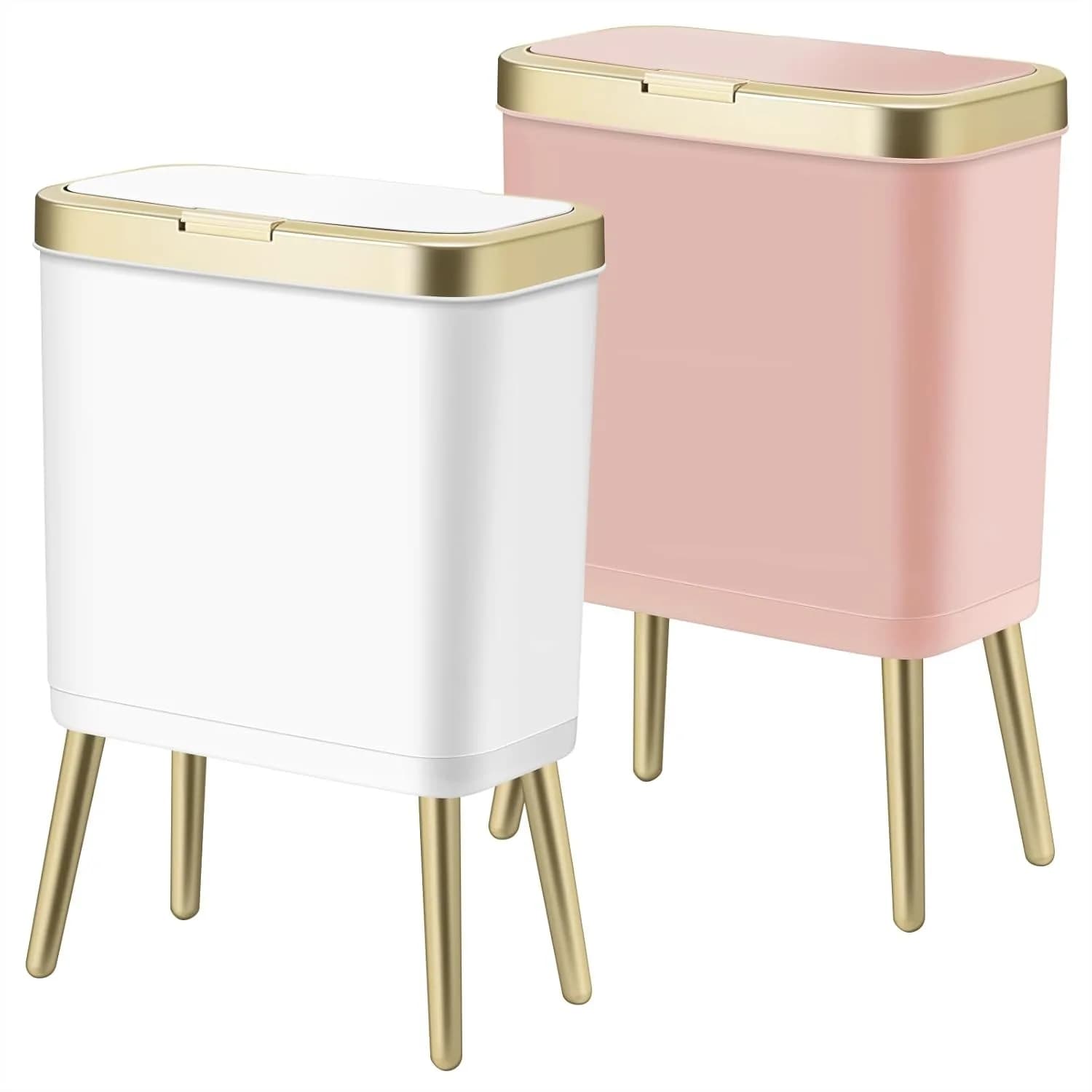 Cestino per Rifiuti da Ufficio con Coperchio, Contenitore Sottile in Plastica da 4 Galloni per Bagno, Camera da Letto, Cucina, Design Moderno con Bordo Dorato